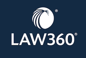 Law360 logo with white text and circular icon on dark blue background