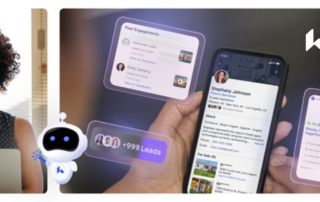 Smiling professional at laptop with lofty real estate crm and ai assistant managing leads on a mobile phone