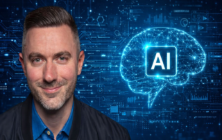 Smiling man in front of a digital brain graphic with “ai” icon representing artificial intelligence technology