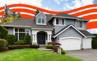 Modern suburban gray two‑story house with manicured lawn and bold red graphic waves in the sky