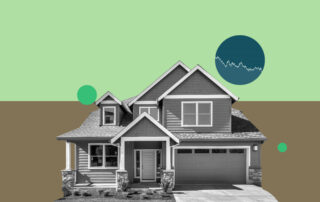 Modern suburban house with abstract green and brown background and financial chart graphic