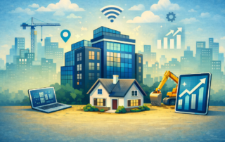 Smart city real estate illustration with house, office buildings, construction equipment, and digital growth charts