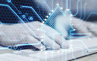 Hands typing on a keyboard overlaid with a glowing house-shaped smart home and circuit board graphics