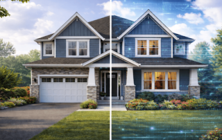 Side‑by‑side view of a modern blue suburban house, with the left half shown normally and the right half overlaid with glowing digital grid effects to represent a smart, connected home.