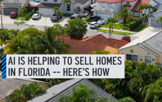 Aerial view of a florida suburban neighborhood with palm trees, waterfront homes, and an overlaid headline that reads “ai is helping to sell homes in florida -- here’s how. ”