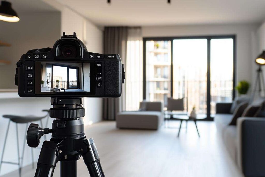 Camera on tripod photographing modern bright living room with large windows and balcony view.