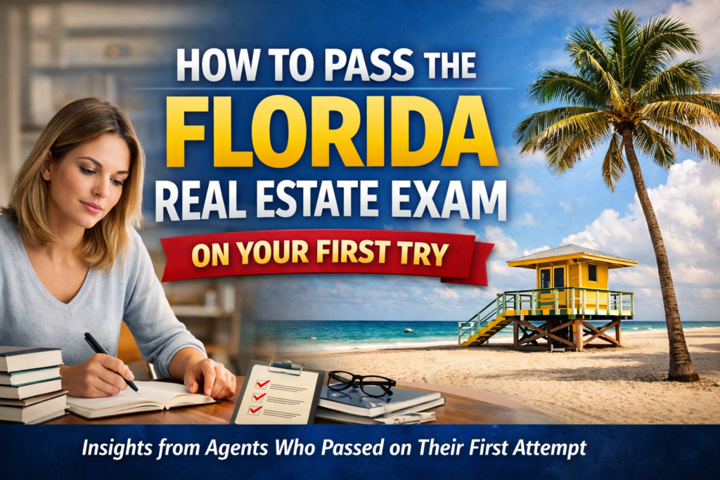 Student studying for the florida real estate exam with a beach background and bold text about passing on the first try.