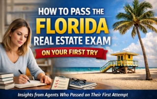 Student studying for the florida real estate exam with a beach background and bold text about passing on the first try.