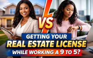 Part-time vs full-time real estate licensing thumbnail showing a professional woman with a house on one side and an office worker at a laptop on the other, asking if you can get your real estate license while working a 9-to-5.
