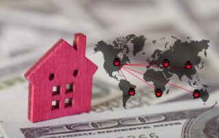 Pink wooden house on us dollar bills with a world map illustrating connected cybercriminal icons