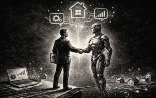 Businessman shaking hands with a humanoid robot over a glowing digital landscape representing data, housing, and technology integration.