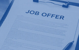 Job offer document on a clipboard with a pen in a blue halftone style