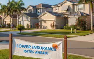 Suburban neighborhood street with modern homes and a front-yard banner that reads “lower insurance rates ahead! ”