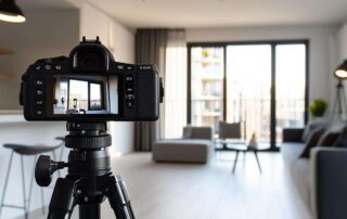 Professional digital camera on tripod photographing a bright modern living room with large windows and contemporary furniture.