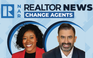 Graphic for nar realtor news change agents featuring two real estate professionals on a blue background with the realtor logo.