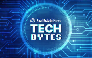 Real estate news tech bytes logo over a blue digital circuit board background.