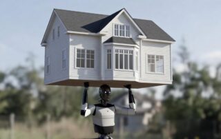 Robot holding up a modern white house outdoors
